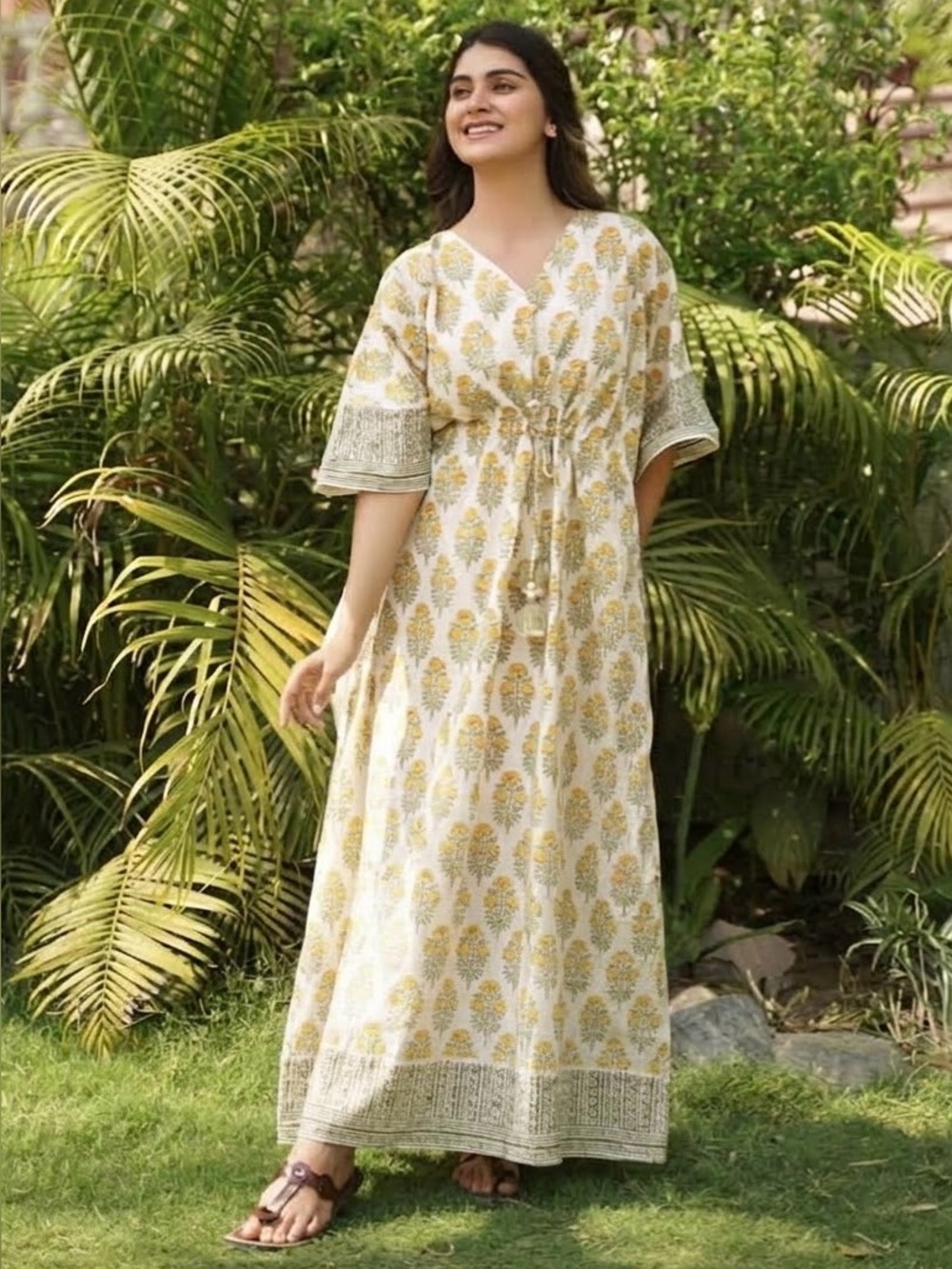 NWOT Saffron Marigold brand Long Kaftan in Yellow Roses {One Size Fits All}